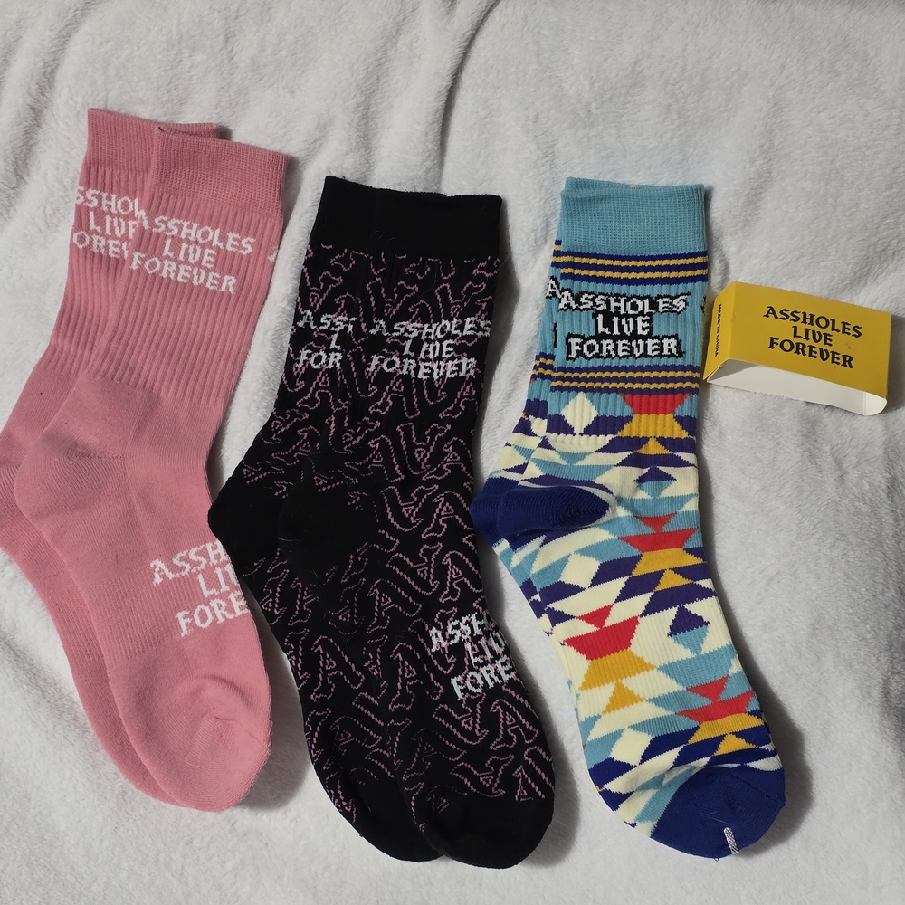 Assholes Live Forever Crew Socks - Pink, Black & Blue - Casual Men’s Pack